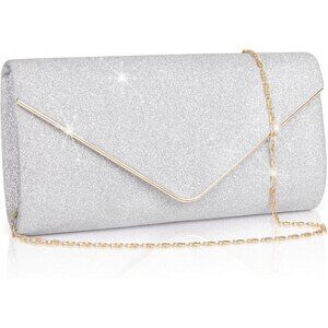 Women's Sparking Silver Envelope Bag With Detachable Chain Clutch Purses